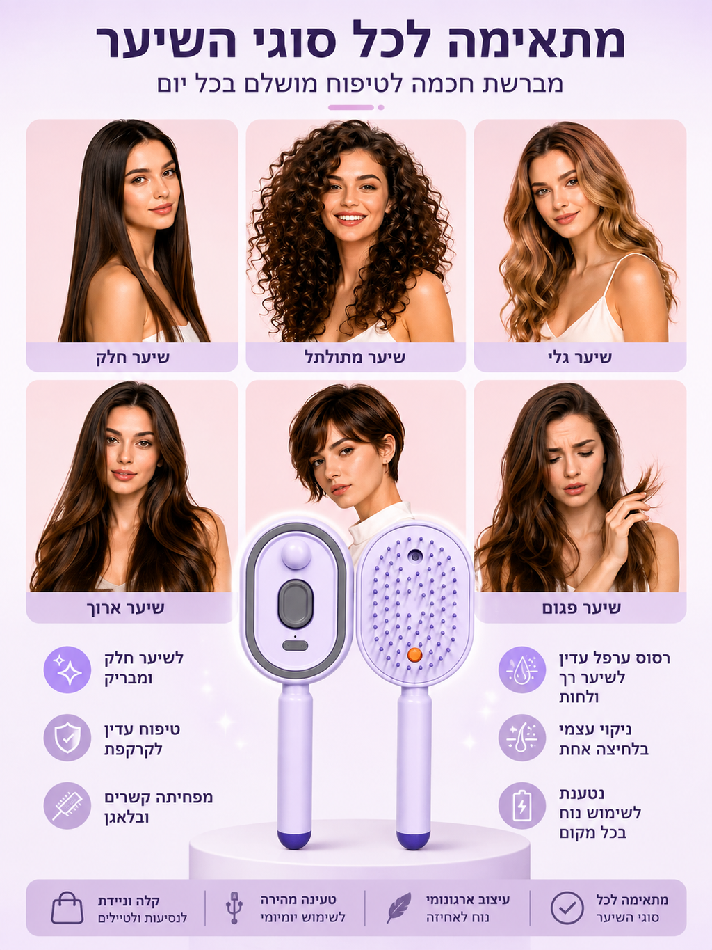 מברשת שיער חכמה עם ספריי ערפל | מסרקת, מרעננת ומתנקה בלחיצה אחת