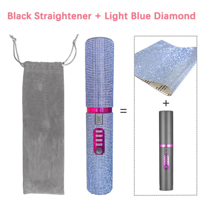 2-IN-1 Electric USB Hair Straightener Curler Fashion Colored Diamond  Design Wireless Travel Hair Straightening Styler Brush