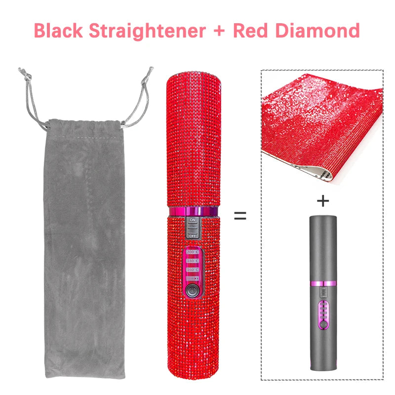 2-IN-1 Electric USB Hair Straightener Curler Fashion Colored Diamond  Design Wireless Travel Hair Straightening Styler Brush