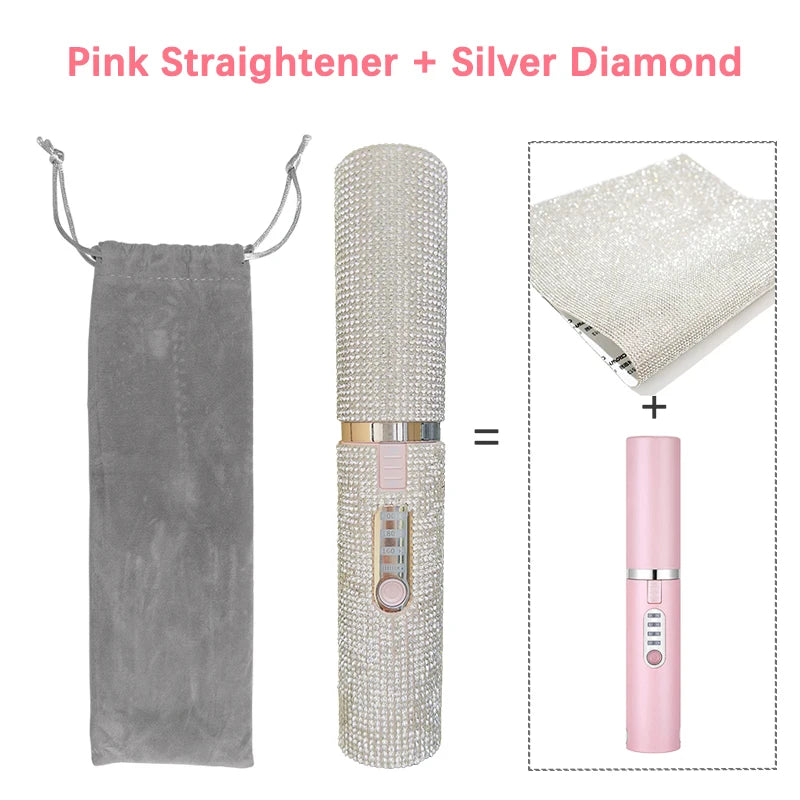 2-IN-1 Electric USB Hair Straightener Curler Fashion Colored Diamond  Design Wireless Travel Hair Straightening Styler Brush