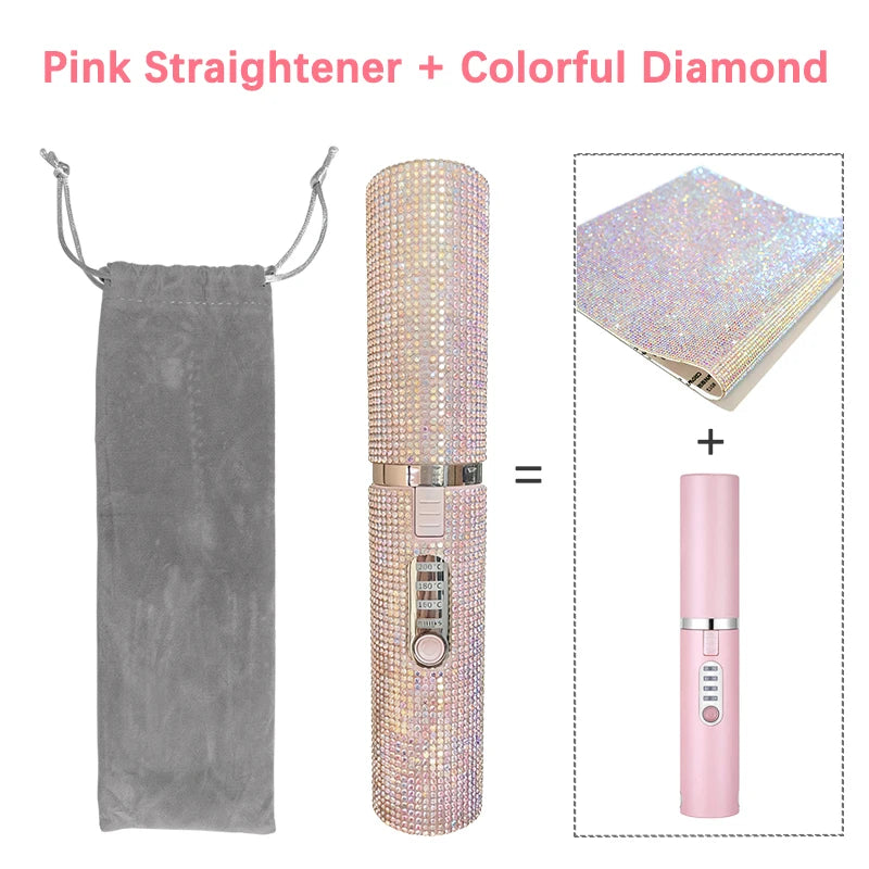 2-IN-1 Electric USB Hair Straightener Curler Fashion Colored Diamond  Design Wireless Travel Hair Straightening Styler Brush