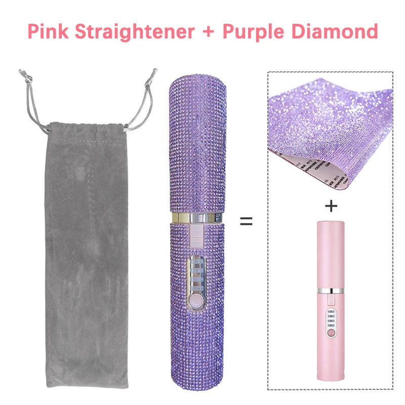 2-IN-1 Electric USB Hair Straightener Curler Fashion Colored Diamond  Design Wireless Travel Hair Straightening Styler Brush