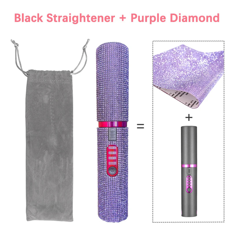 2-IN-1 Electric USB Hair Straightener Curler Fashion Colored Diamond  Design Wireless Travel Hair Straightening Styler Brush