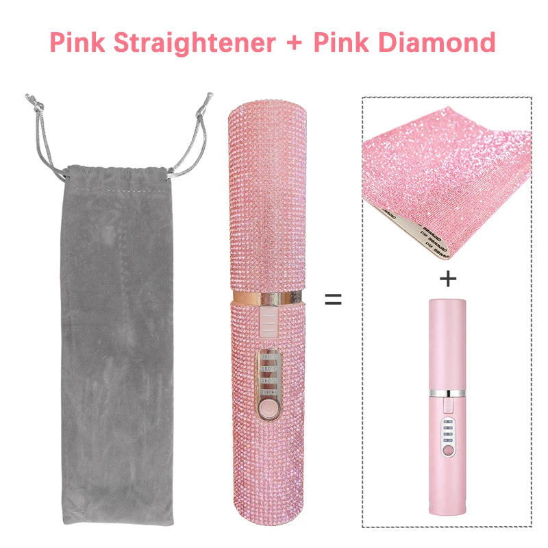 2-IN-1 Electric USB Hair Straightener Curler Fashion Colored Diamond  Design Wireless Travel Hair Straightening Styler Brush