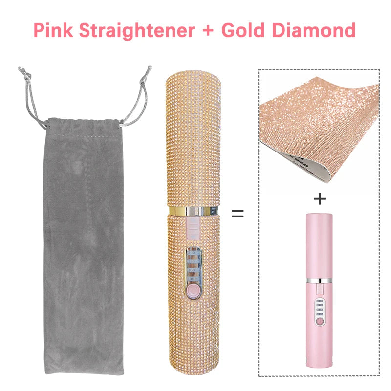 2-IN-1 Electric USB Hair Straightener Curler Fashion Colored Diamond  Design Wireless Travel Hair Straightening Styler Brush